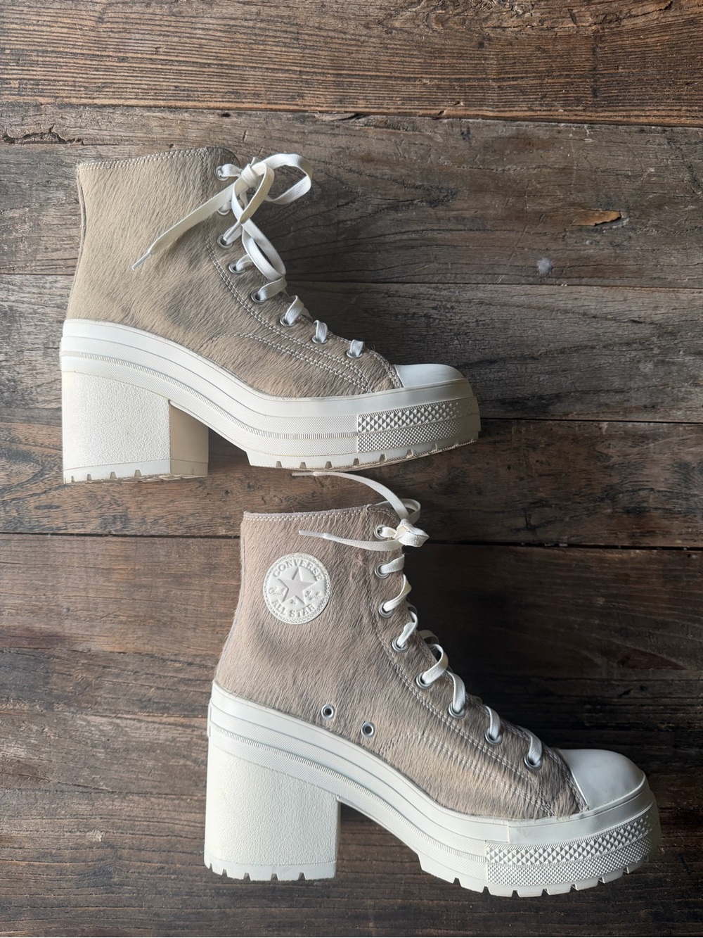 Converse Platform Lug-Sole Ankle Boots in Beige Pony Hair Women’s 12